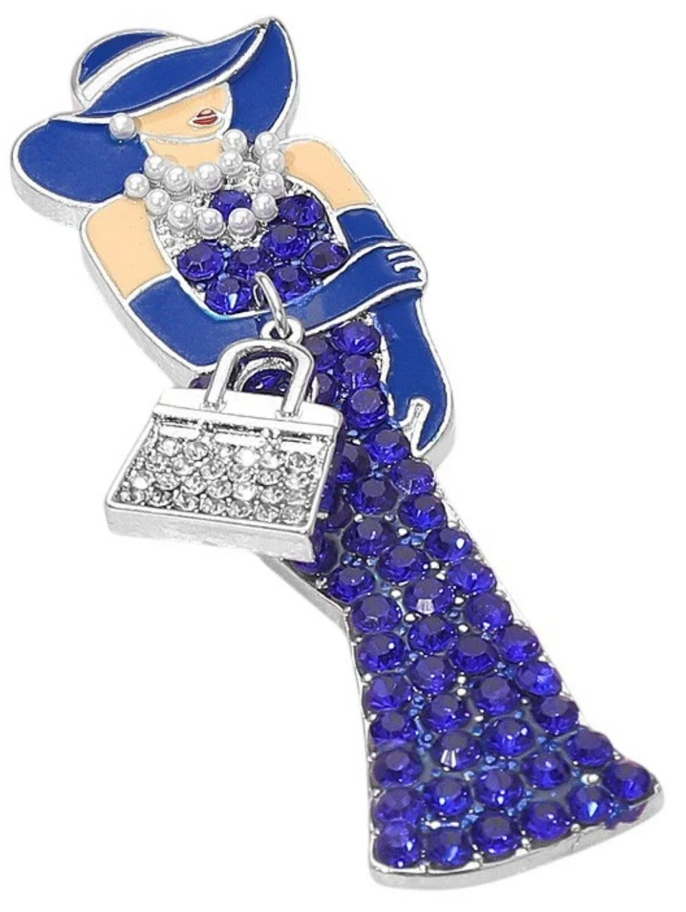 Chic Silver Sapphire Rhinestone Pearls Lady Brooch Pin Elegant Glam Hat Handbag